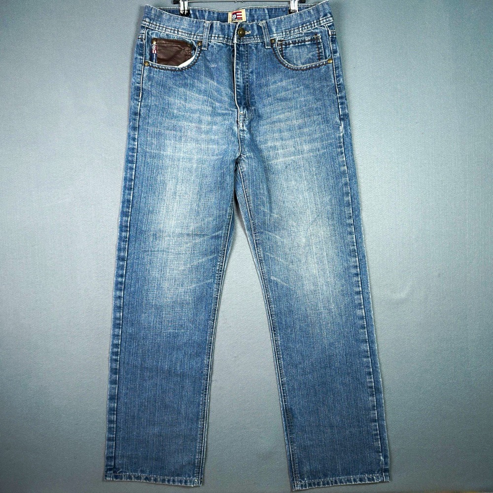 Vintage Phat Farm Jeans Mens 34x32 Blue Denim Y2K Hip Hop Leather Trim